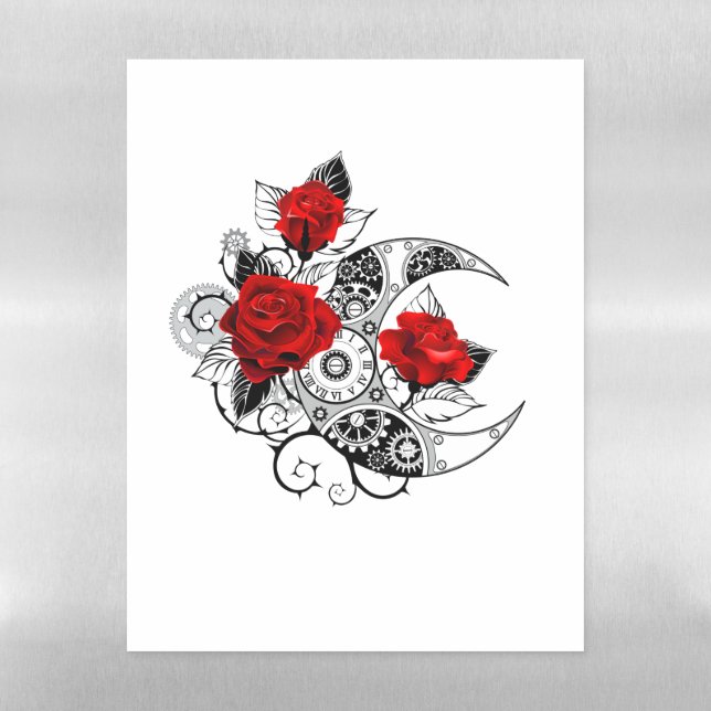 Mechanical Crescent with Red Roses Magnetic Dry Erase Sheet (Vertical)