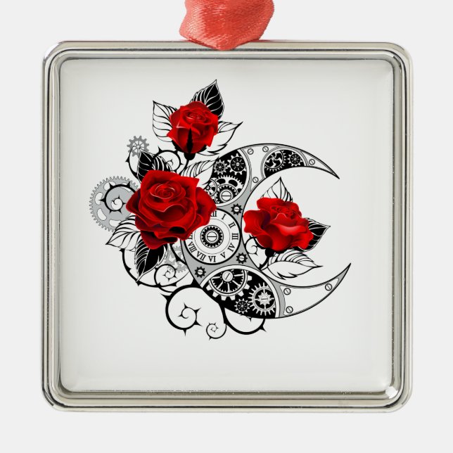 Mechanical Crescent with Red Roses Metal Ornament (Front)