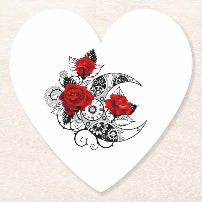 Mechanical Crescent with Red Roses Paper Coaster (Front)