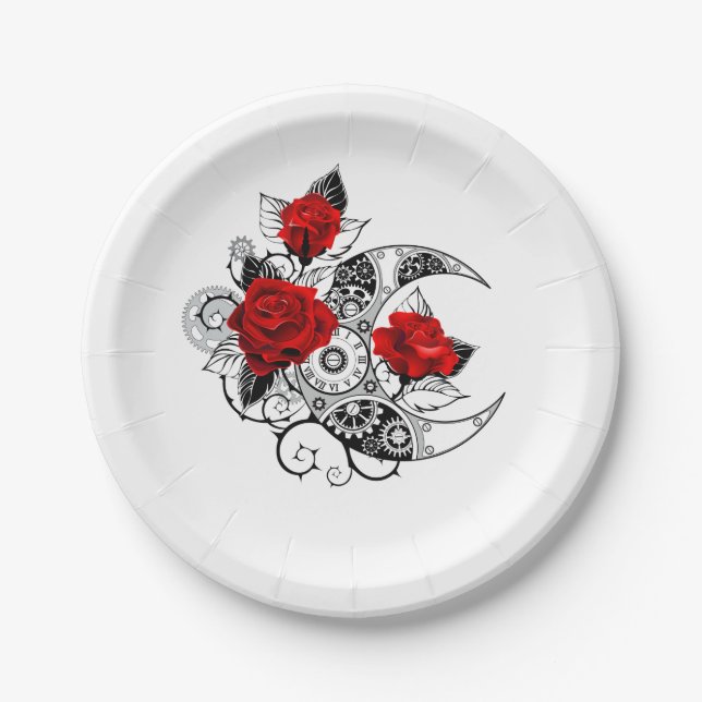 Mechanical Crescent with Red Roses Paper Plates (Front)