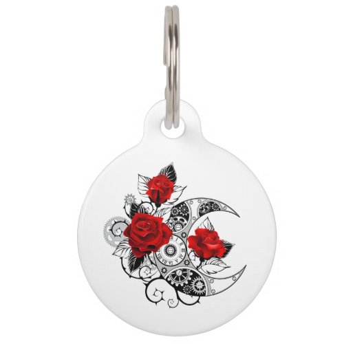 Mechanical Crescent with Red Roses Pet ID Tag