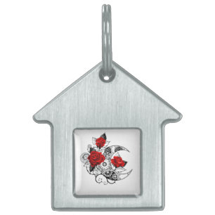 Mechanical Crescent with Red Roses Pet ID Tag