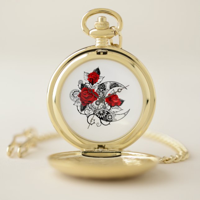 Mechanical Crescent with Red Roses Pocket Watch (Inside)