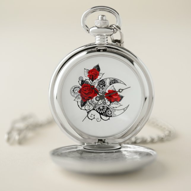 Mechanical Crescent with Red Roses Pocket Watch (Inside)