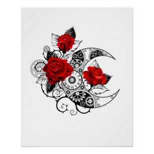 Mechanical Crescent with Red Roses Poster