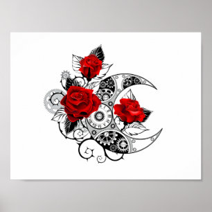 Mechanical Crescent with Red Roses Poster