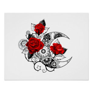 Mechanical Crescent with Red Roses Poster