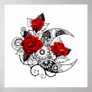Mechanical Crescent with Red Roses Poster