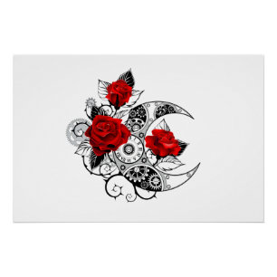 Mechanical Crescent with Red Roses Poster