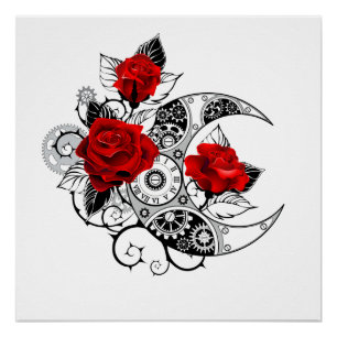 Mechanical Crescent with Red Roses Poster