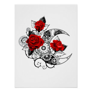Mechanical Crescent with Red Roses Poster