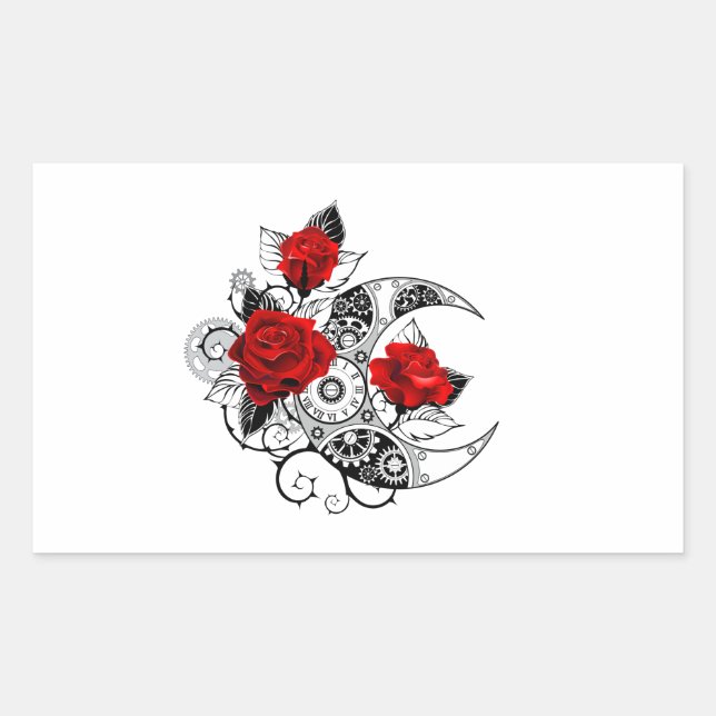 Mechanical Crescent with Red Roses Rectangular Sticker (Front)