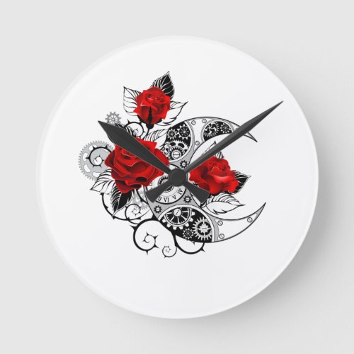 Mechanical Crescent with Red Roses Round Clock