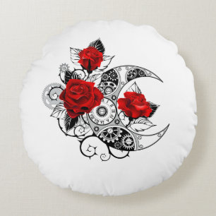 Mechanical Crescent with Red Roses Round Pillow