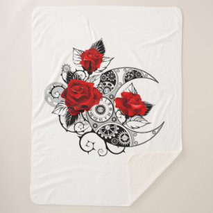 Mechanical Crescent with Red Roses Sherpa Blanket