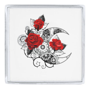 Mechanical Crescent with Red Roses Silver Finish Lapel Pin