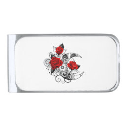 Mechanical Crescent with Red Roses Silver Finish Money Clip