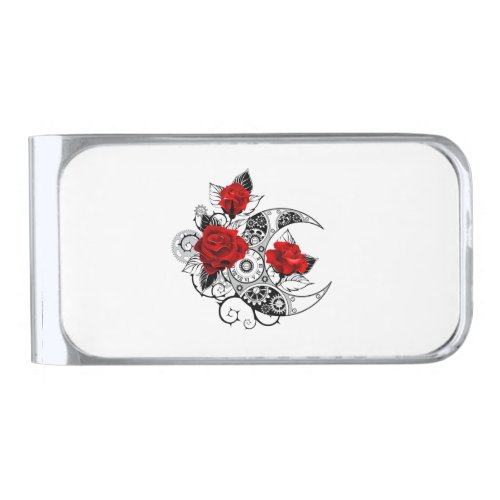 Mechanical Crescent with Red Roses Silver Finish Money Clip
