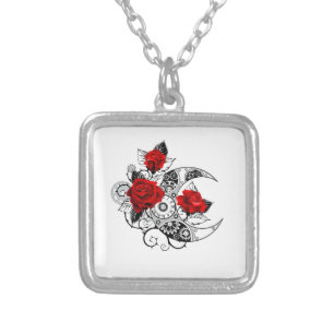 Mechanical Crescent with Red Roses Silver Plated Necklace
