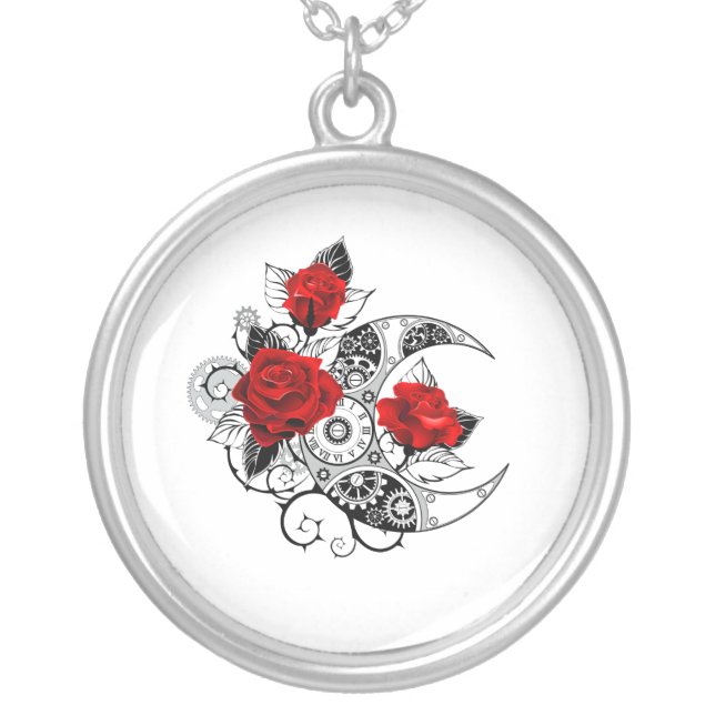 Mechanical Crescent with Red Roses Silver Plated Necklace (Front)