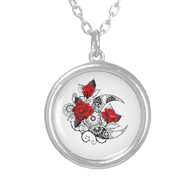Mechanical Crescent with Red Roses Silver Plated Necklace (Front)