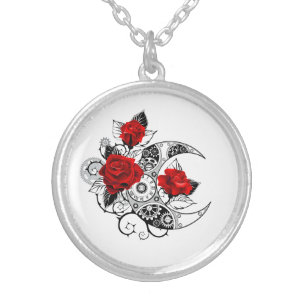 Mechanical Crescent with Red Roses Silver Plated Necklace