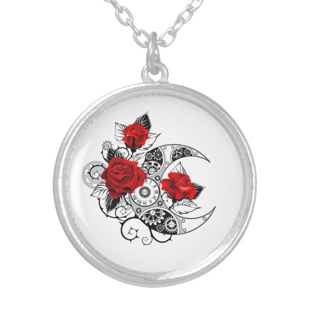 Mechanical Crescent with Red Roses Silver Plated Necklace (Front)