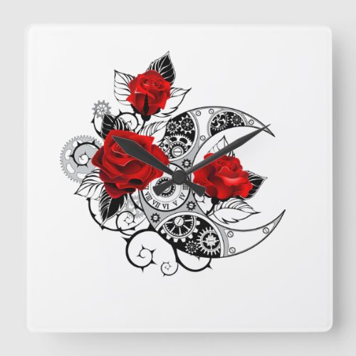 Mechanical Crescent with Red Roses Square Wall Clock