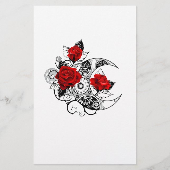 Mechanical Crescent with Red Roses Stationery (Front)