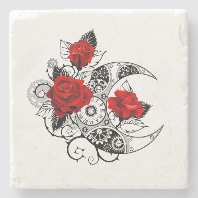 Mechanical Crescent with Red Roses Stone Coaster (Front)