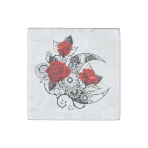 Mechanical Crescent with Red Roses Stone Magnet
