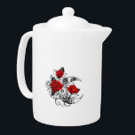 Mechanical Crescent with Red Roses Teapot<br><div class="desc">Contour,  mechanical crescent moon with gears,  decorated with red roses with black spiked stems and leaves on white background. Steampunk</div>