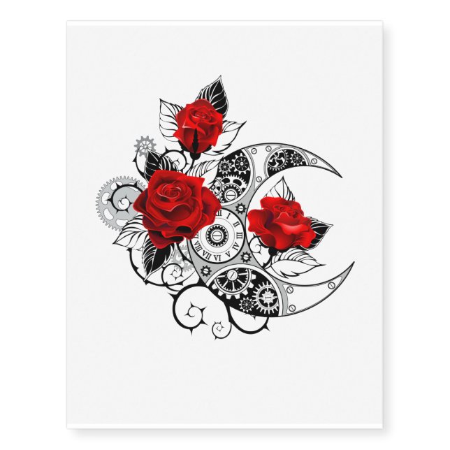 Mechanical Crescent with Red Roses Temporary Tattoos (Front)