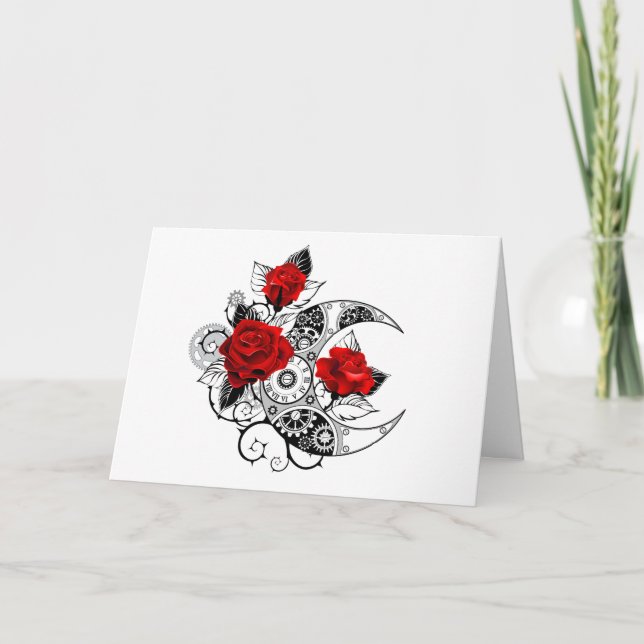 Mechanical Crescent with Red Roses Thank You Card (Front)
