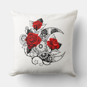 Mechanical Crescent with Red Roses Throw Pillow