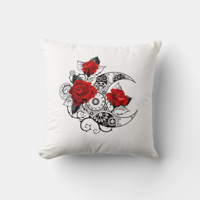 Mechanical Crescent with Red Roses Throw Pillow (Front)