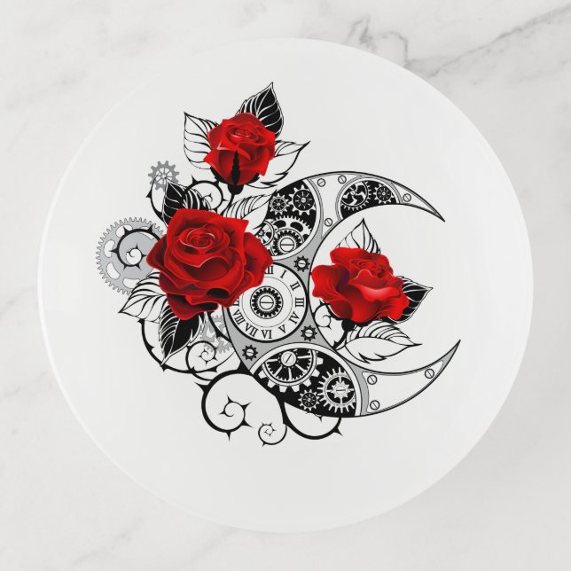 Mechanical Crescent with Red Roses Trinket Tray (Front)