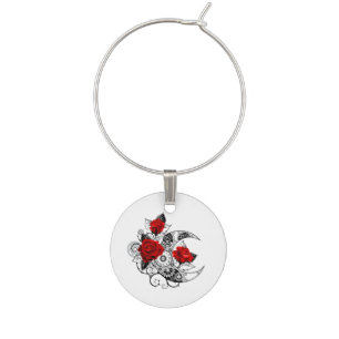 Mechanical Crescent with Red Roses Wine Charm
