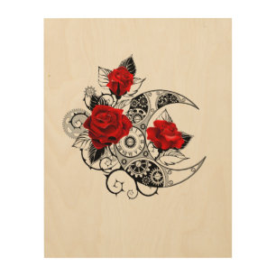 Mechanical Crescent with Red Roses Wood Wall Art