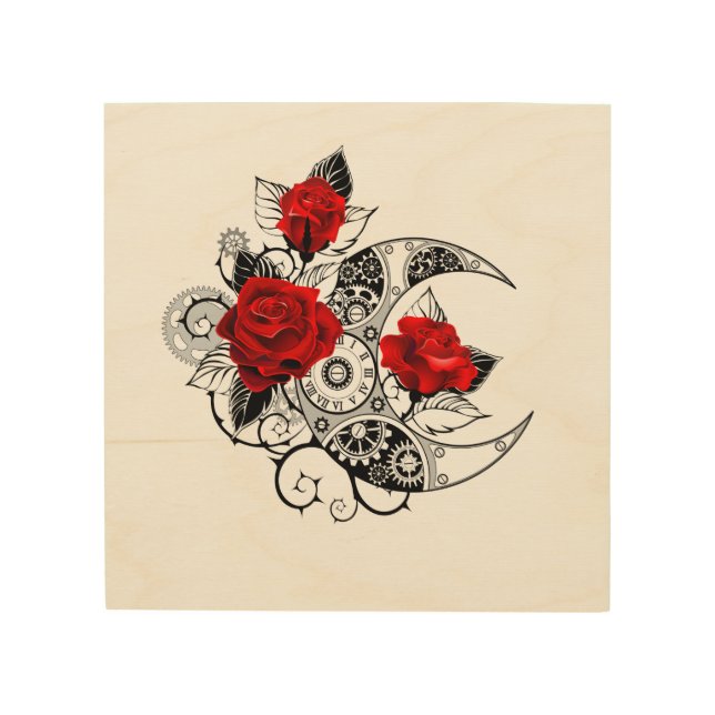 Mechanical Crescent with Red Roses Wood Wall Art (Front)