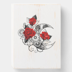 Mechanical Crescent with Red Roses Wooden Box Sign