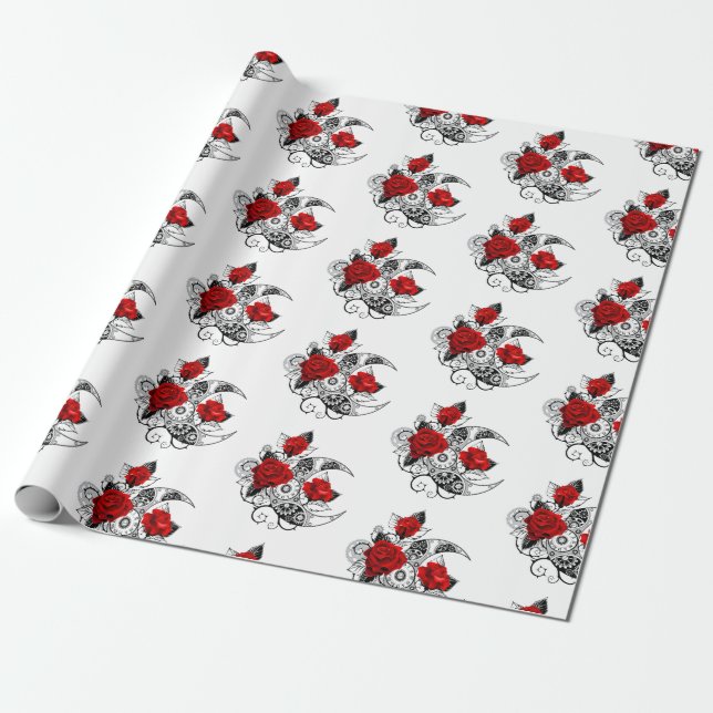 Mechanical Crescent with Red Roses Wrapping Paper (Unrolled)