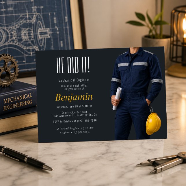 Mechanical Engineer Graduation Party Invite (Modern mechanical engineer graduation invite with bold, clean, professional design)