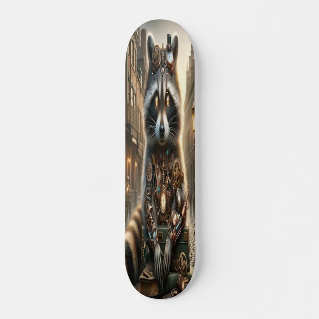 "Mechanical Marvel: The Steampunk Raccoon  Skateboard (Front)