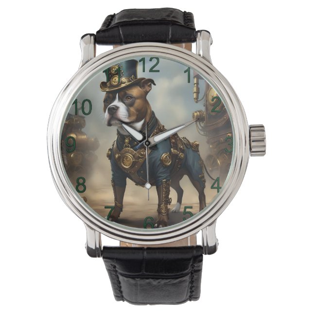 Mechanical Paws: Steampunk Staffordshire Terrier Watch (Front)