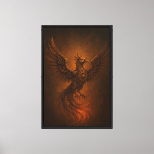 Mechanical Phoenix with Bronze Wings and Gears Canvas Print