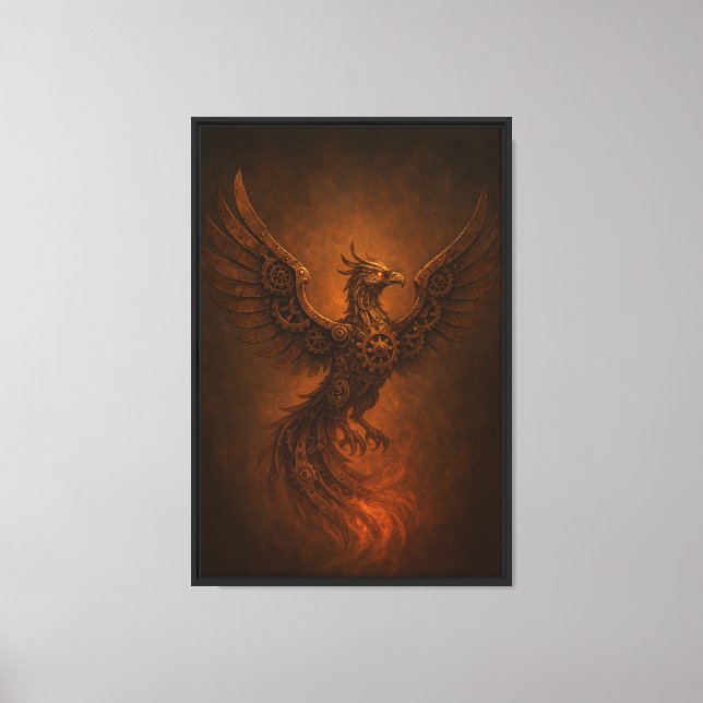 Mechanical Phoenix with Bronze Wings and Gears Canvas Print (Front)