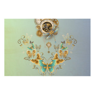 Mechanical Serenity: Teal Steampunk Graphic Wood Wall Art