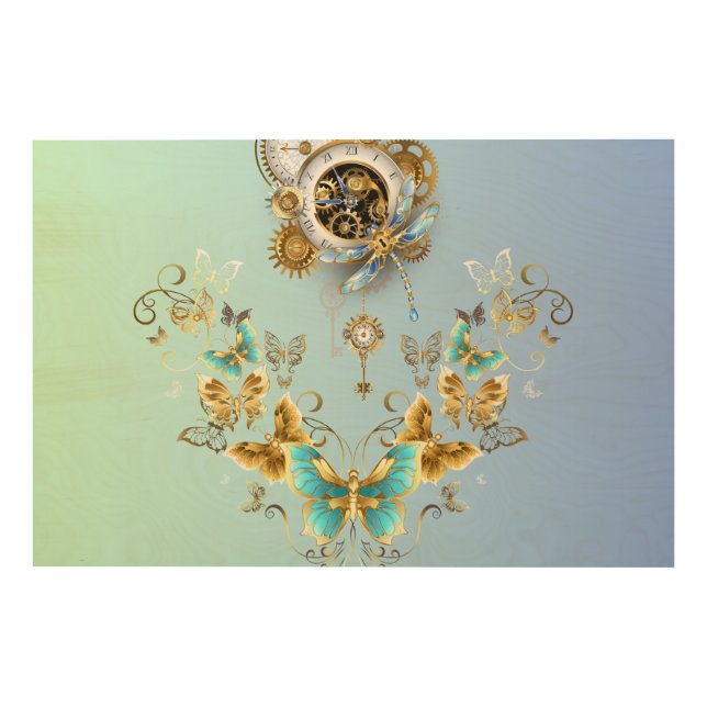 Mechanical Serenity: Teal Steampunk Graphic Wood Wall Art (Front)