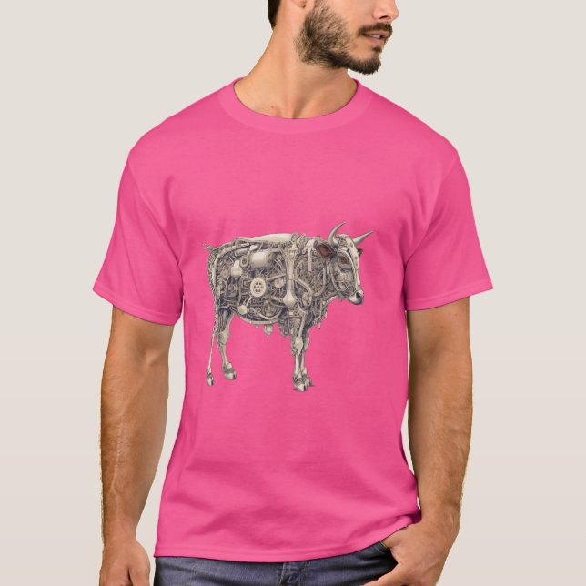 Mechanical Steampunk Cow Cyborg Robot Monochromati T-Shirt (Front)